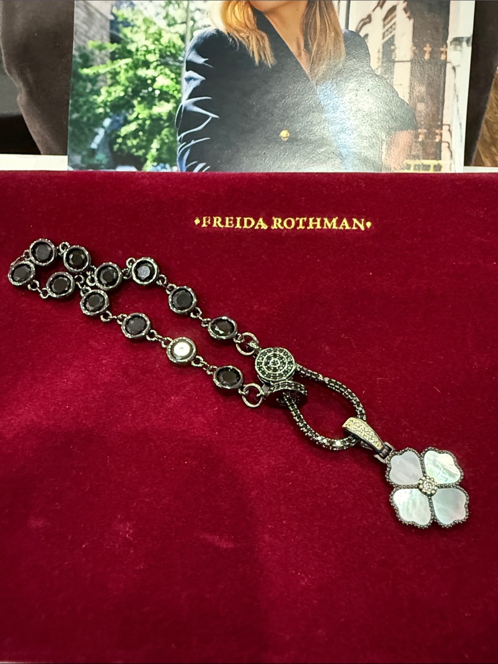 Freida Rothman Black Crystal & Mother-of-Pearl Clover Lumi Bracelet